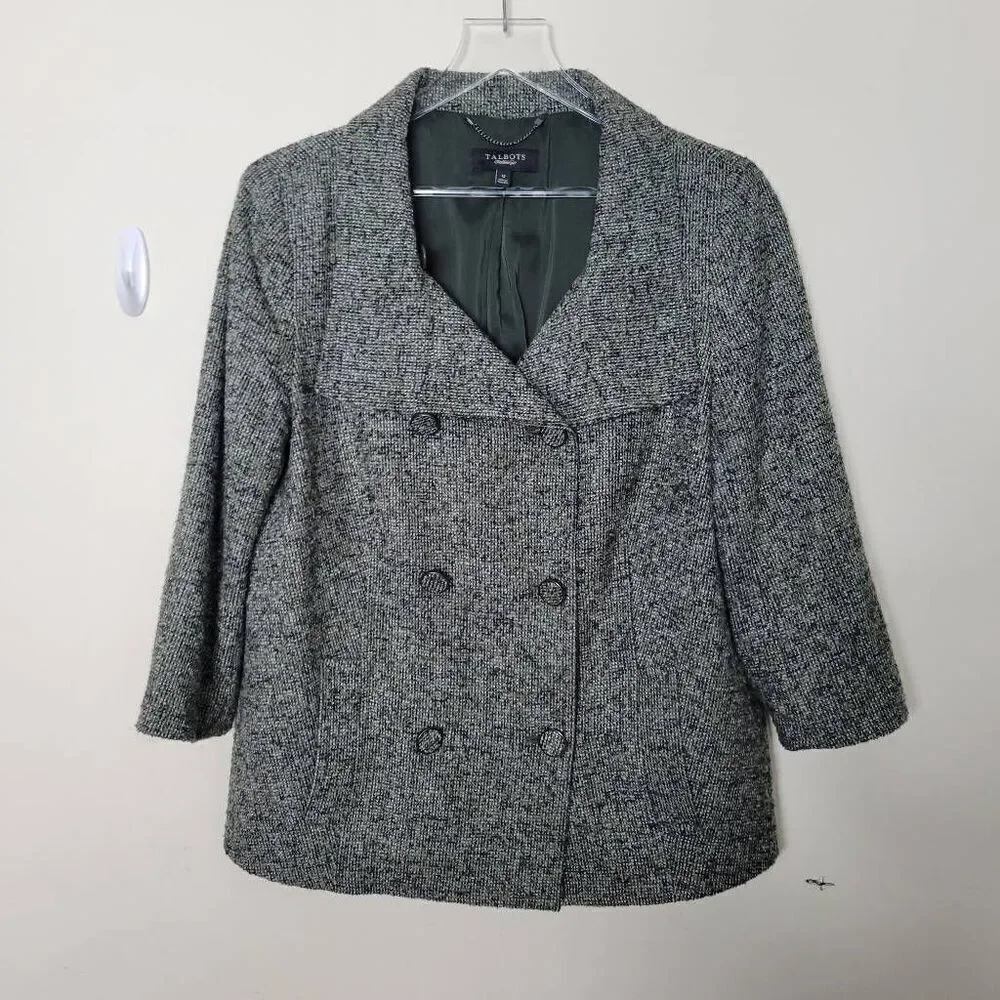 Talbots Double Breasted Wool Blend Lined Green Black Career Jacket Blazer 12